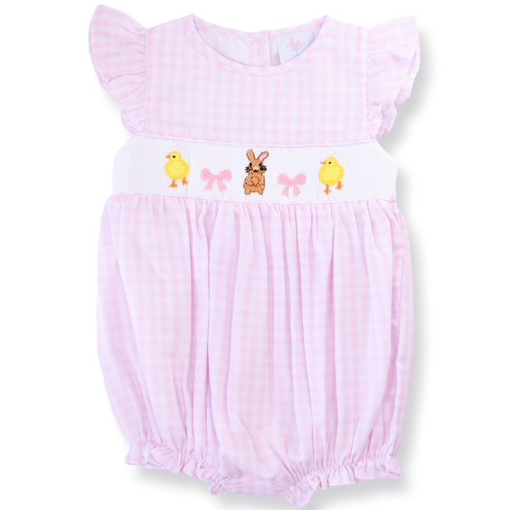 Bunny Chick Pink Gingham Smocked Bubble