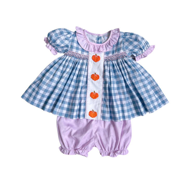 Hadley Blue Gingham Pumpkin Smocked Bloomer Set