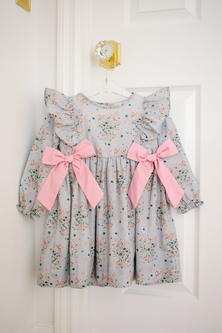 Girls Sage Floral Dress with Pink Bows