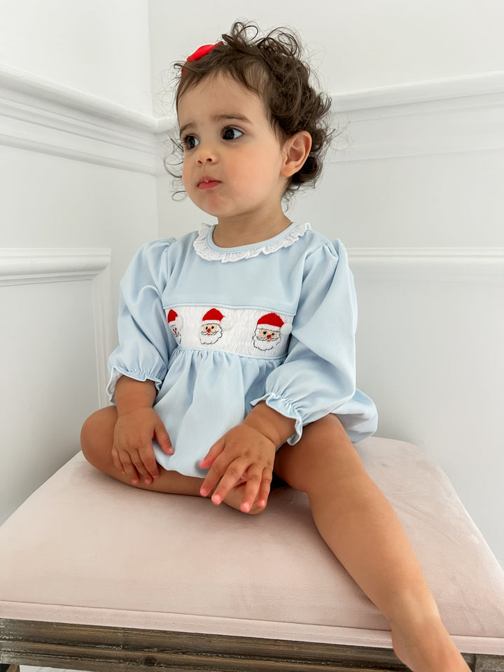 Girls Blue Corduroy Santa Smocked Bubble