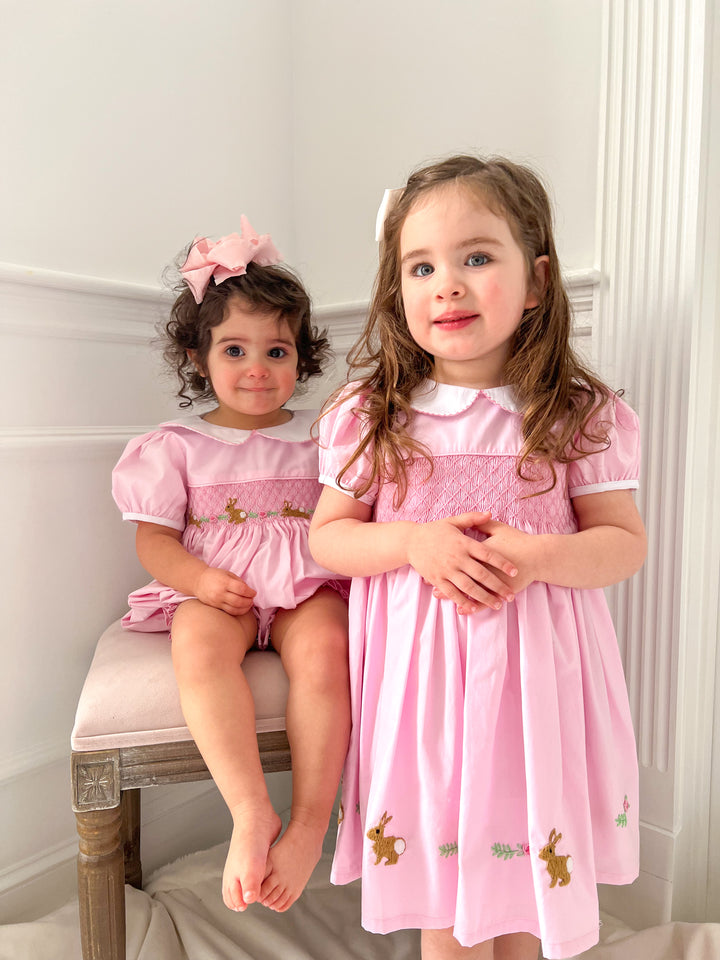 Evelyn Easter Bunny Pink Smocked Bubble