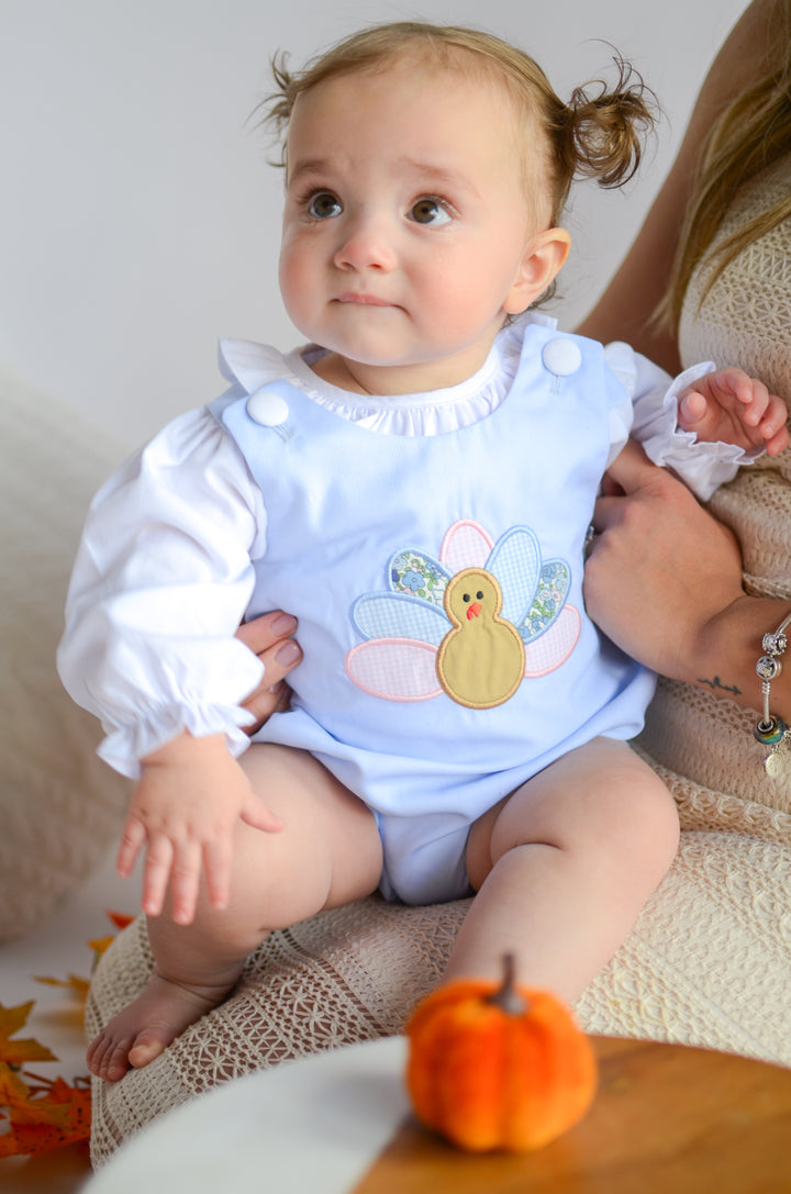 Girls Blue Corduroy Appliqué Turkey Bubble Set