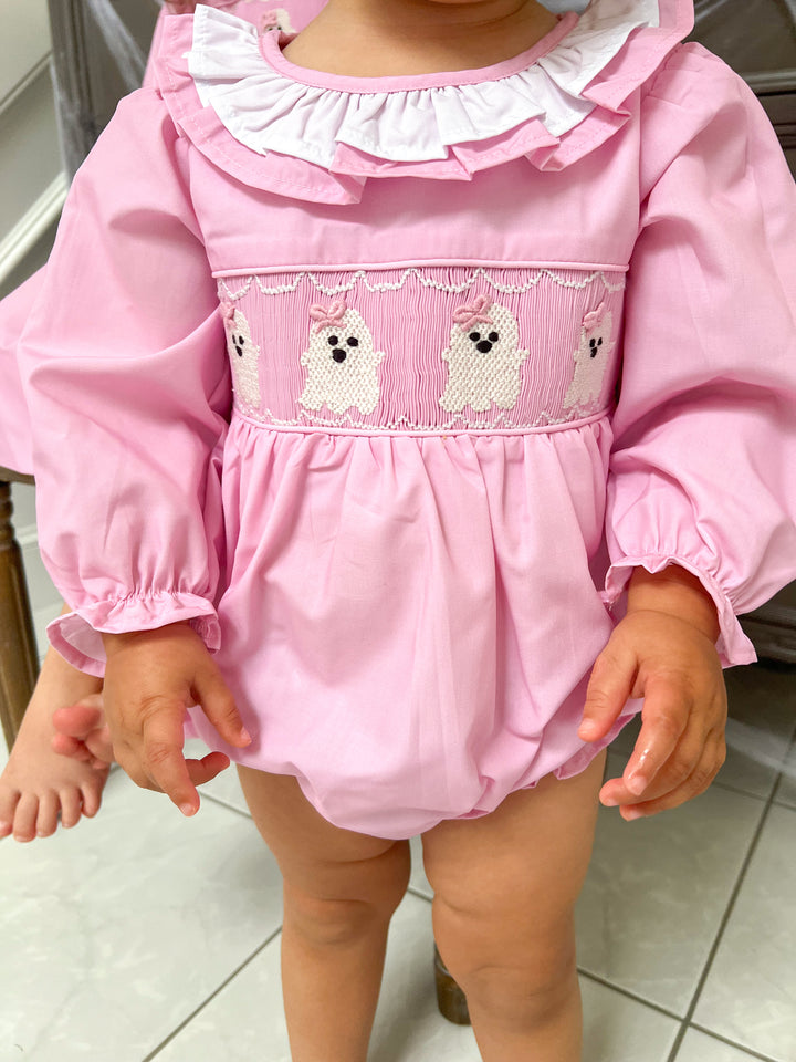 Pink Smocked Ghost Bubble with Ruffle Collar