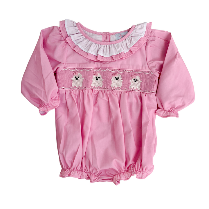 Pink Smocked Ghost Bubble with Ruffle Collar