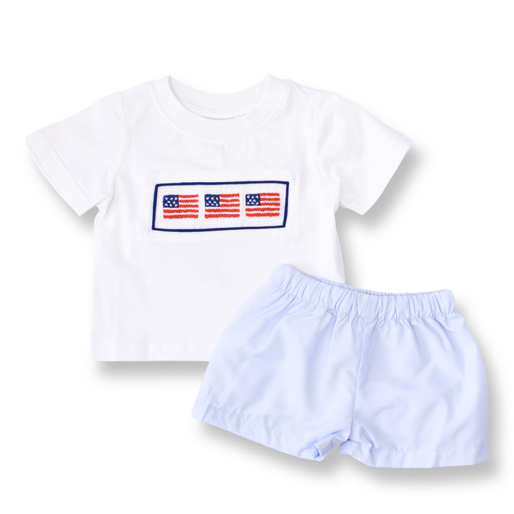 Patriotic Light Blue Smocked Boy Short Set
