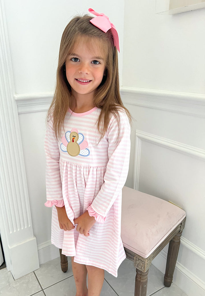 Pink Striped Long Sleeve Thanksgiving Turkey Dress