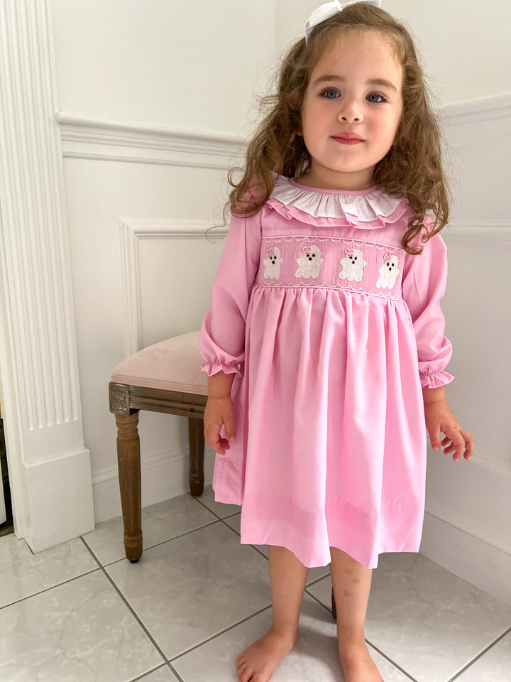 Pink Smocked Ghost Dress with Ruffle Collar