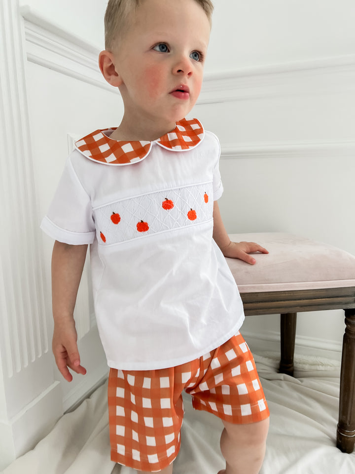 Boy Orange Gingham Pumpkin Smocked Short Set