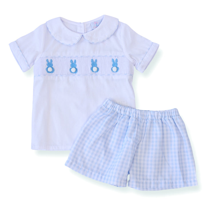 Blue Gingham Easter Bunny Smocked Short Set