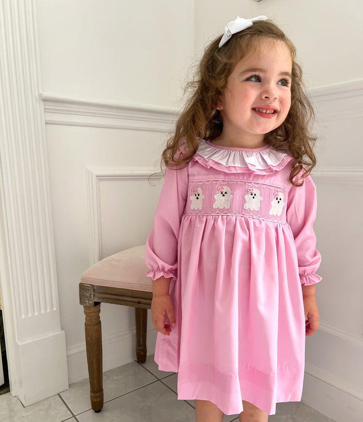 Pink Smocked Ghost Dress with Ruffle Collar
