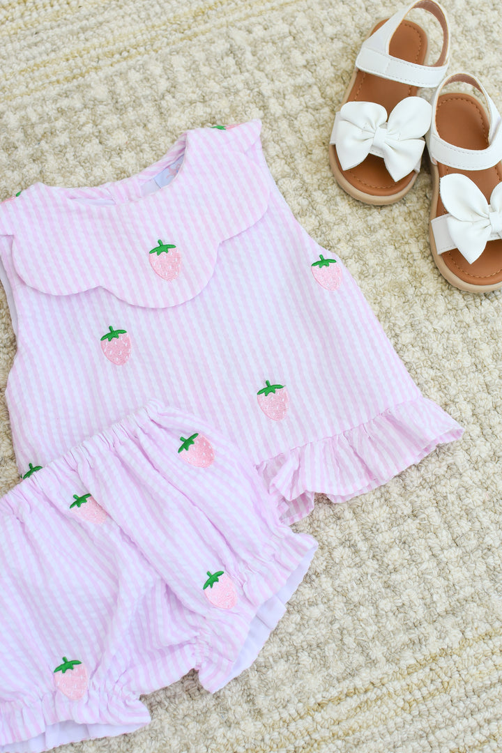 Sadie Strawberry Pink Seersucker Diaper Set
