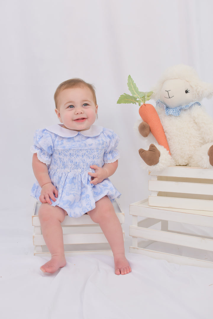 Blue Easter Bunny Toile Smocked Bubble