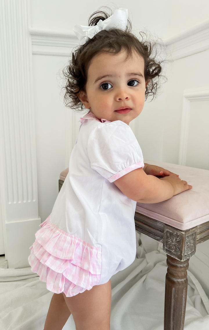 Carly Chinoiserie Pumpkin and Pink Gingham Ruffle Smocked Bubble