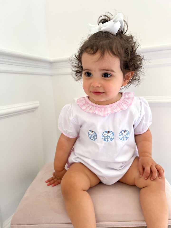 Carly Chinoiserie Pumpkin and Pink Gingham Ruffle Smocked Bubble