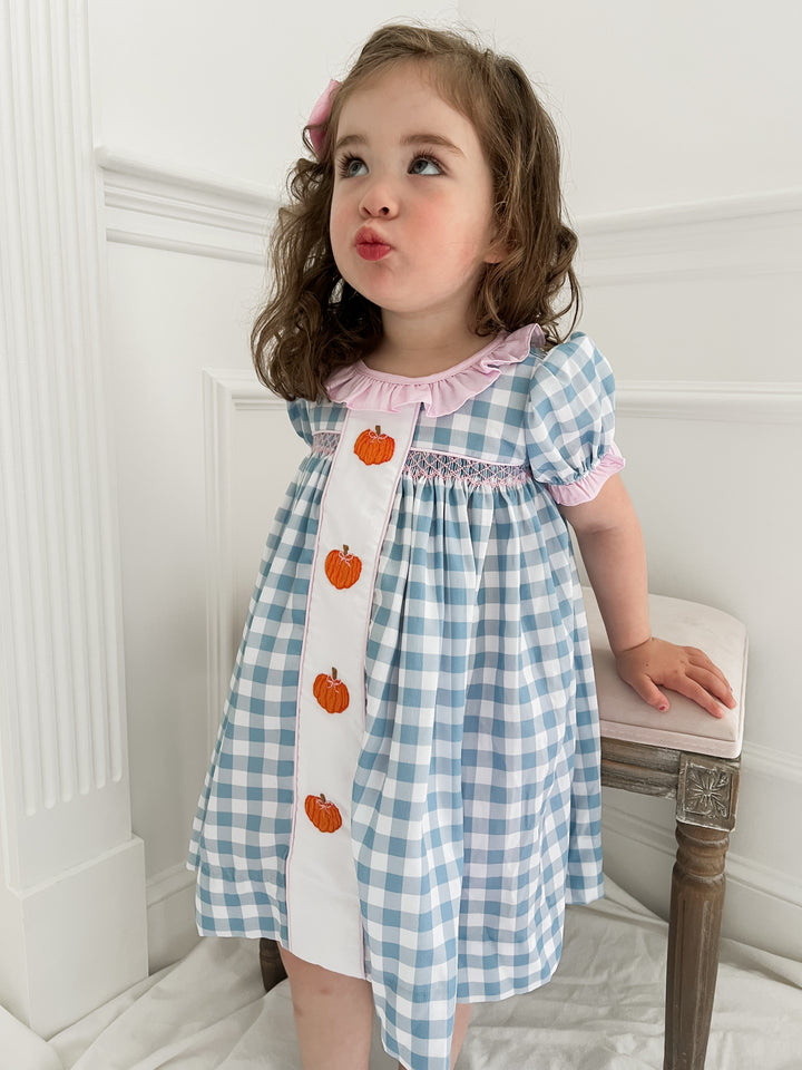 Hadley Blue Gingham Pumpkin Smocked Dress