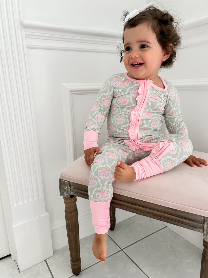 Green and Pink Pumpkin Ruffle Bamboo Footie