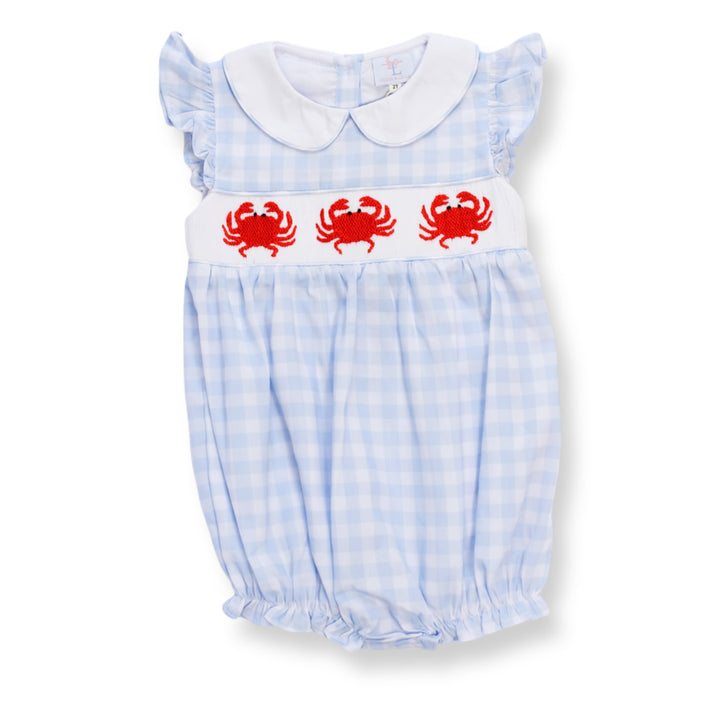Blue Gingham Crab Smocked Bubble