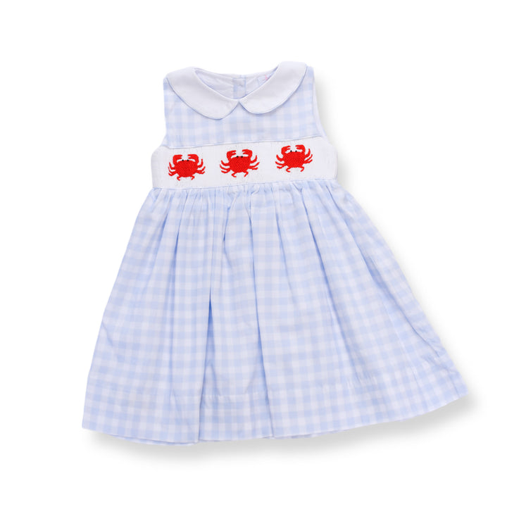 Blue Gingham Crab Smocked Dress