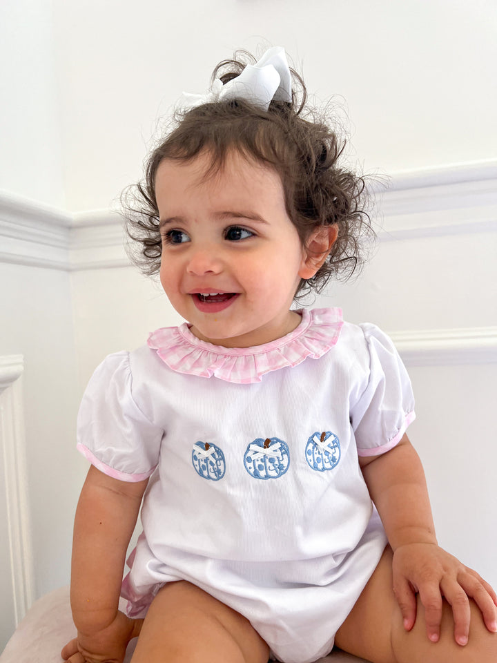 Carly Chinoiserie Pumpkin and Pink Gingham Ruffle Smocked Bubble