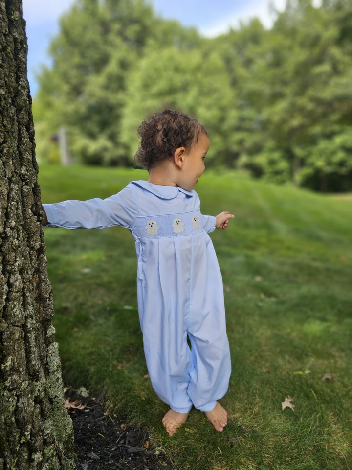 Blue Smocked Ghost Halloween Romper