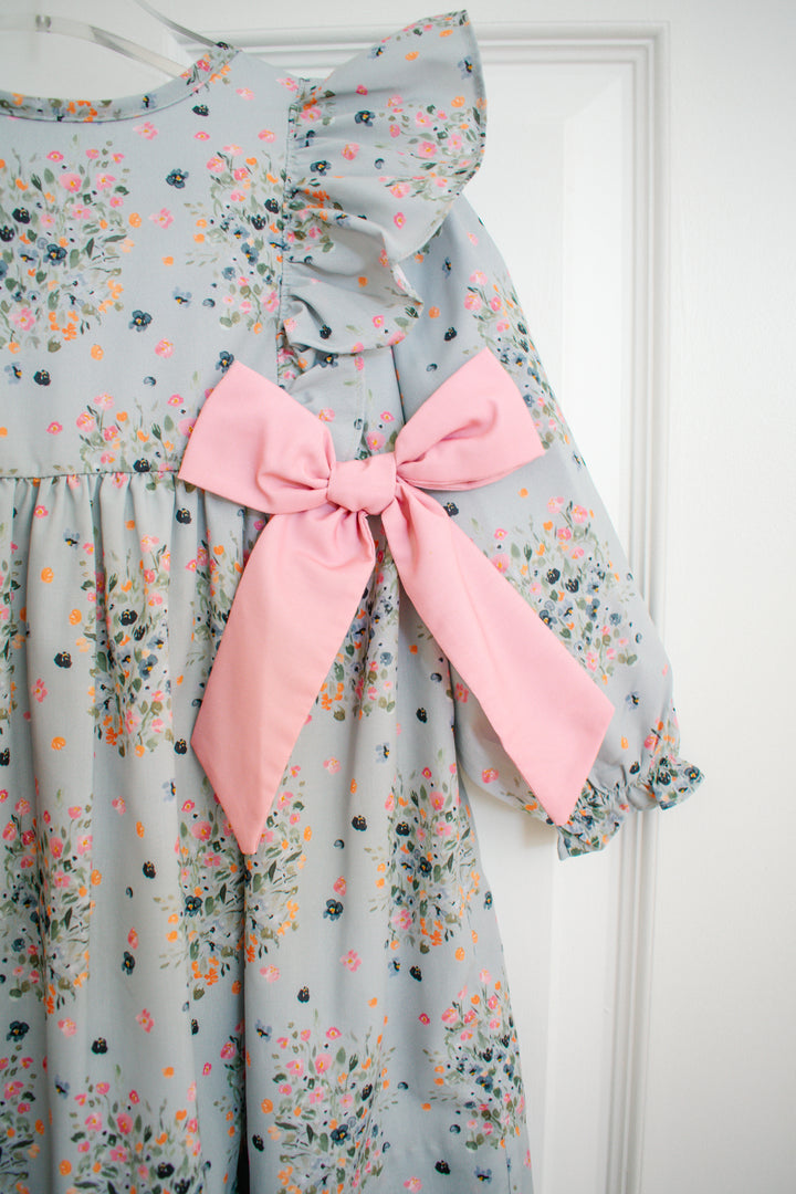 Girls Sage Floral Dress with Pink Bows