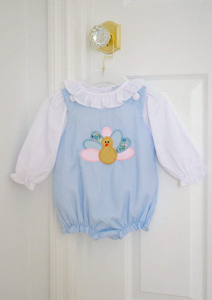 Girls Blue Corduroy Appliqué Turkey Bubble Set