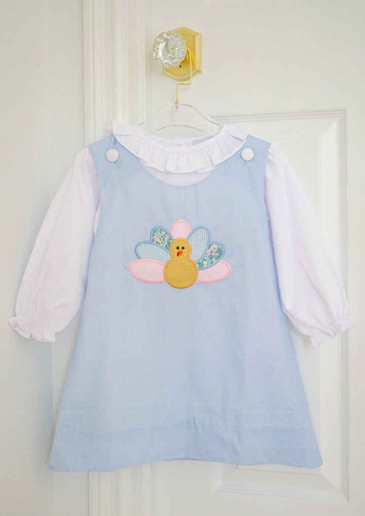 Girls Blue Corduroy Appliqué Turkey Dress Set