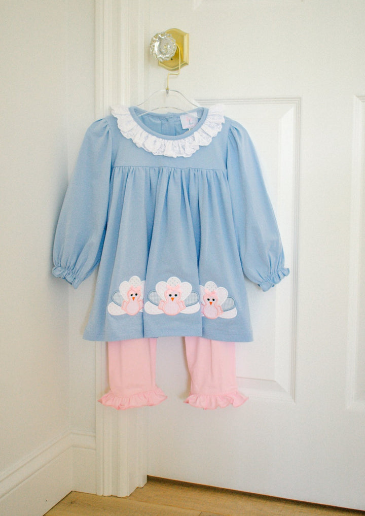 Girls Blue Turkey Applique Shirt and Legging Set