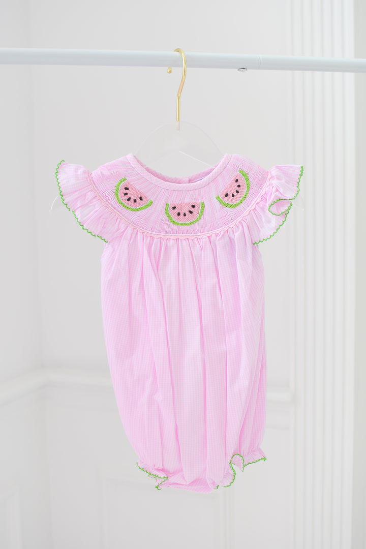 Pink Gingham Smocked Watermelon Bubble