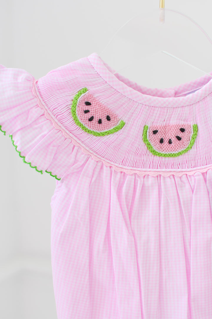 Pink Gingham Smocked Watermelon Bubble