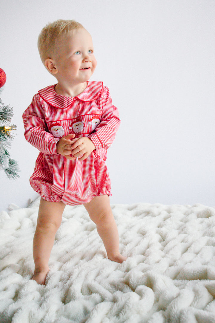 Boys Red Gingham Santa Smocked Smocked Bubble
