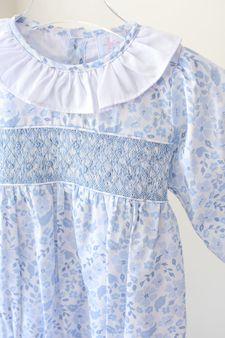 Girls Blue Long Sleeve Floral Smocked Bubble with Bow