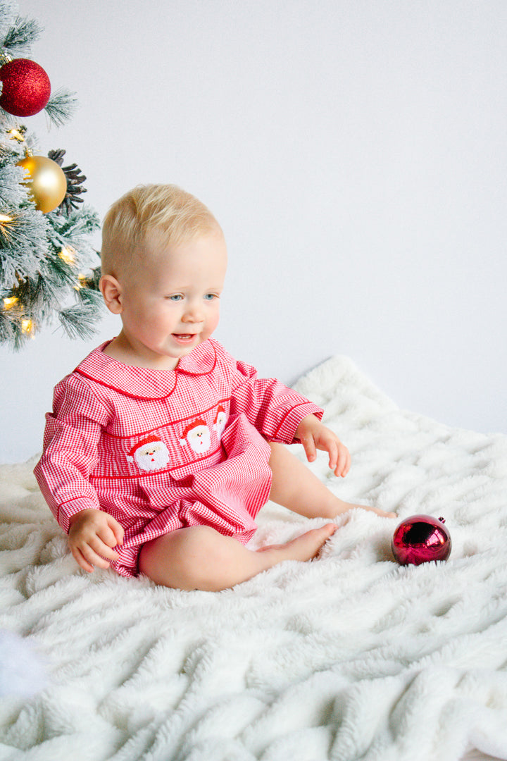Boys Red Gingham Santa Smocked Smocked Bubble