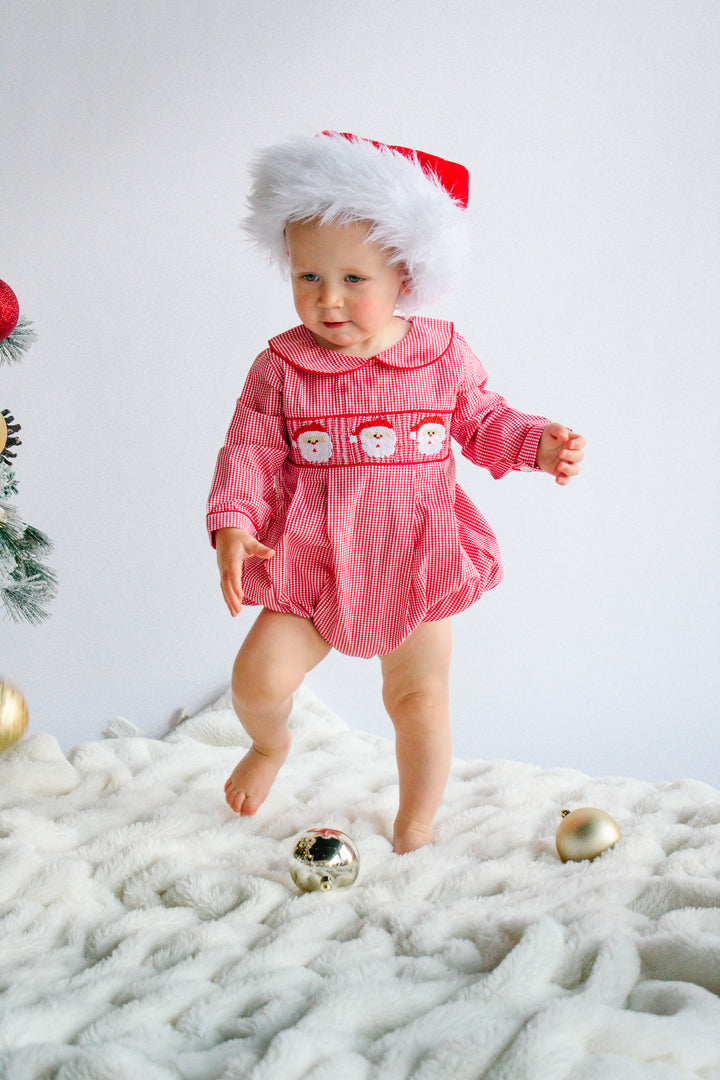 Boys Red Gingham Santa Smocked Smocked Bubble