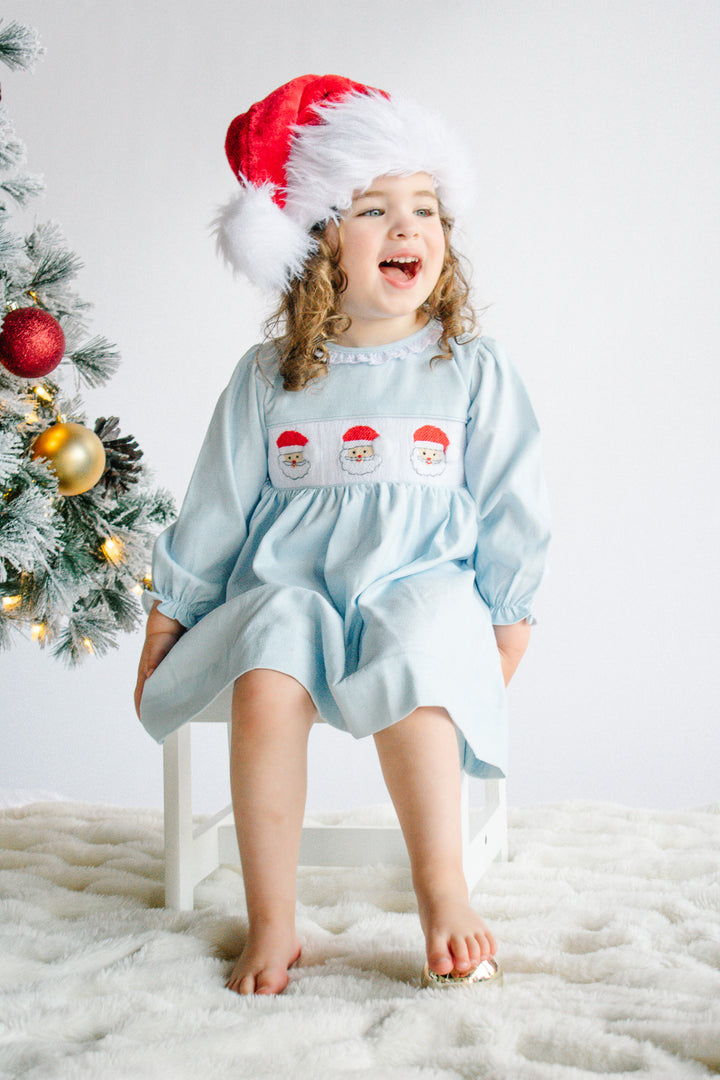 Girls Blue Corduroy Santa Smocked Dress