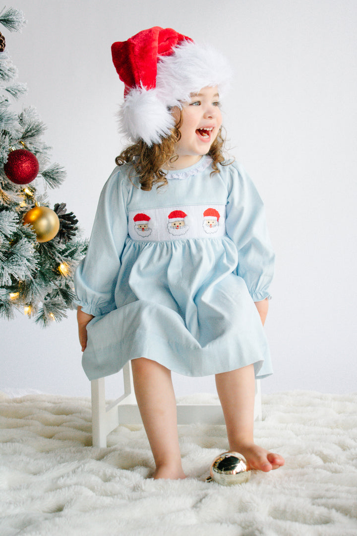 Girls Blue Corduroy Santa Smocked Dress