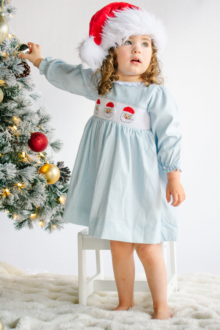 Girls Blue Corduroy Santa Smocked Dress