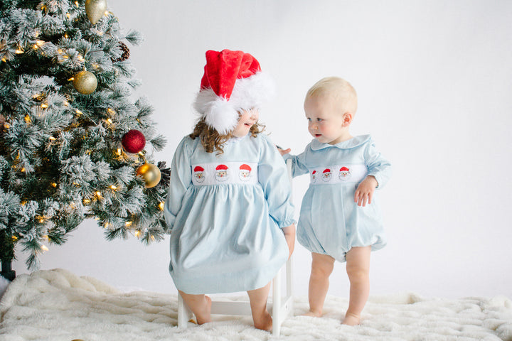 Boys Blue Corduroy Santa Smocked Bubble
