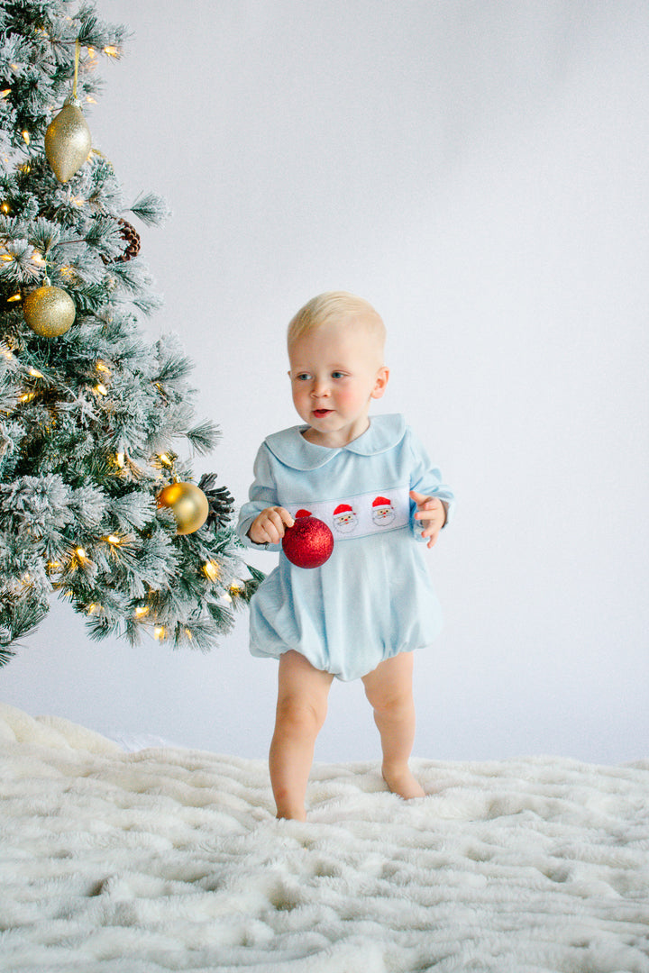 Boys Blue Corduroy Santa Smocked Bubble