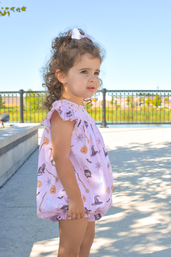 Pink Witch Halloween Smocked Bubble