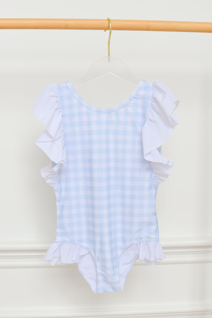 Girls Blue Gingham Swimsuit with Ruffle Sleeves