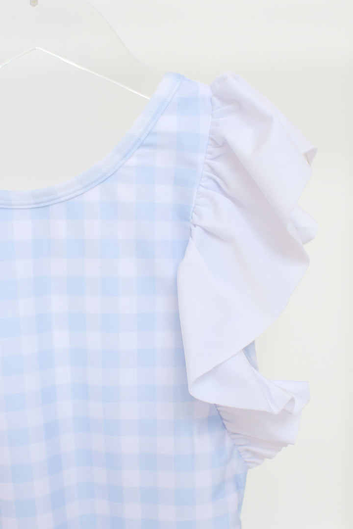 Girls Blue Gingham Swimsuit with Ruffle Sleeves