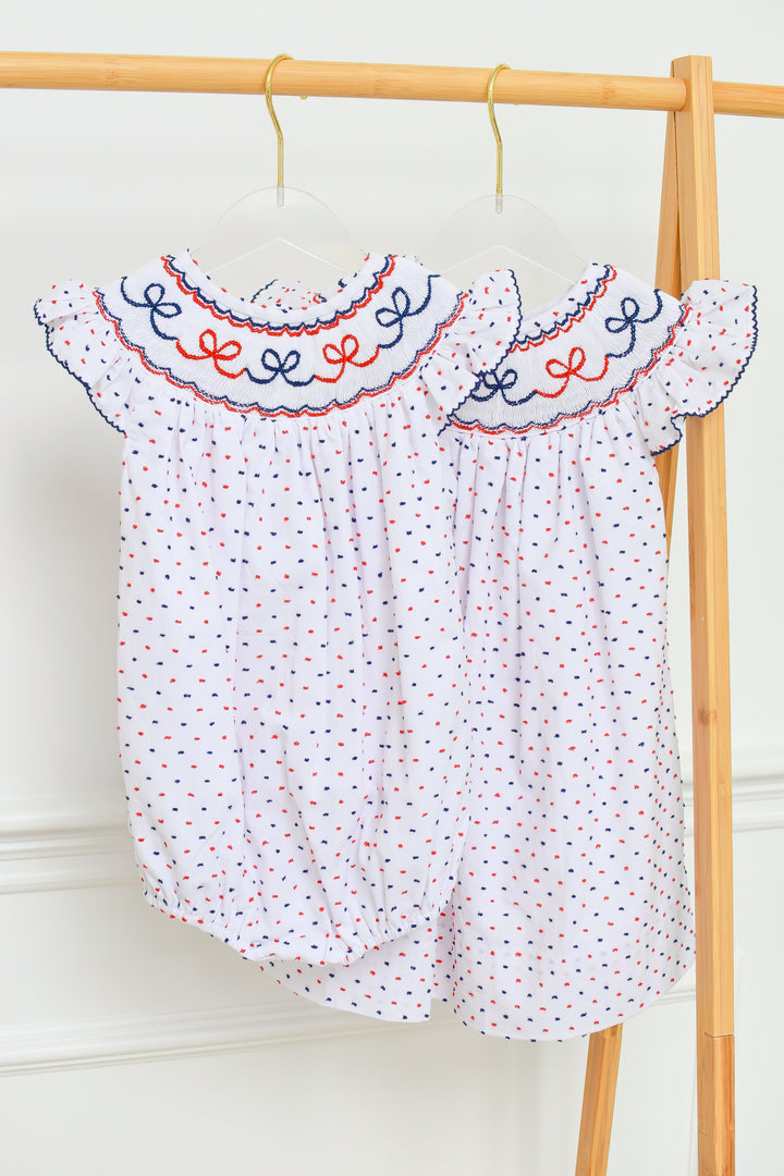 Red White Blue Swiss Dot Smocked Bow Bubble