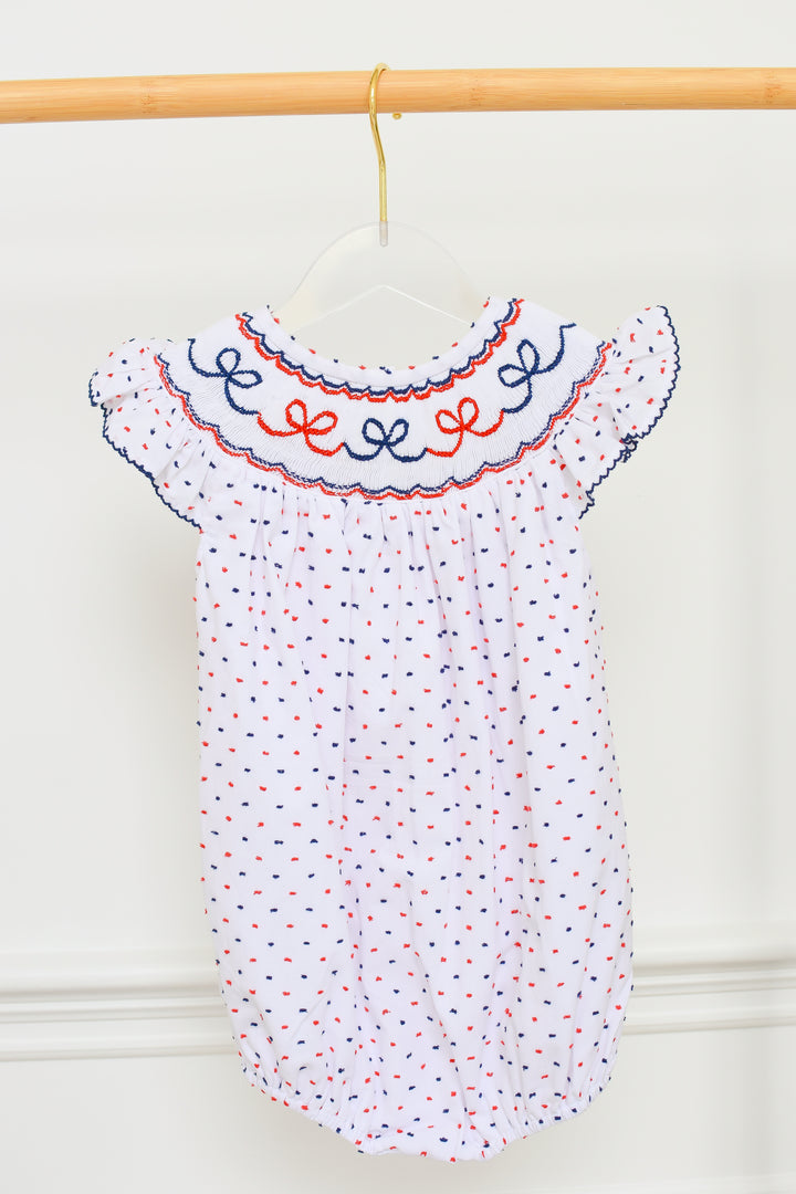 Red White Blue Swiss Dot Smocked Bow Bubble