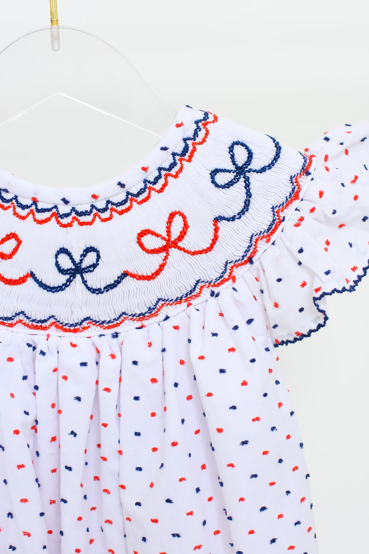 Red White Blue Swiss Dot Smocked Bow Bubble