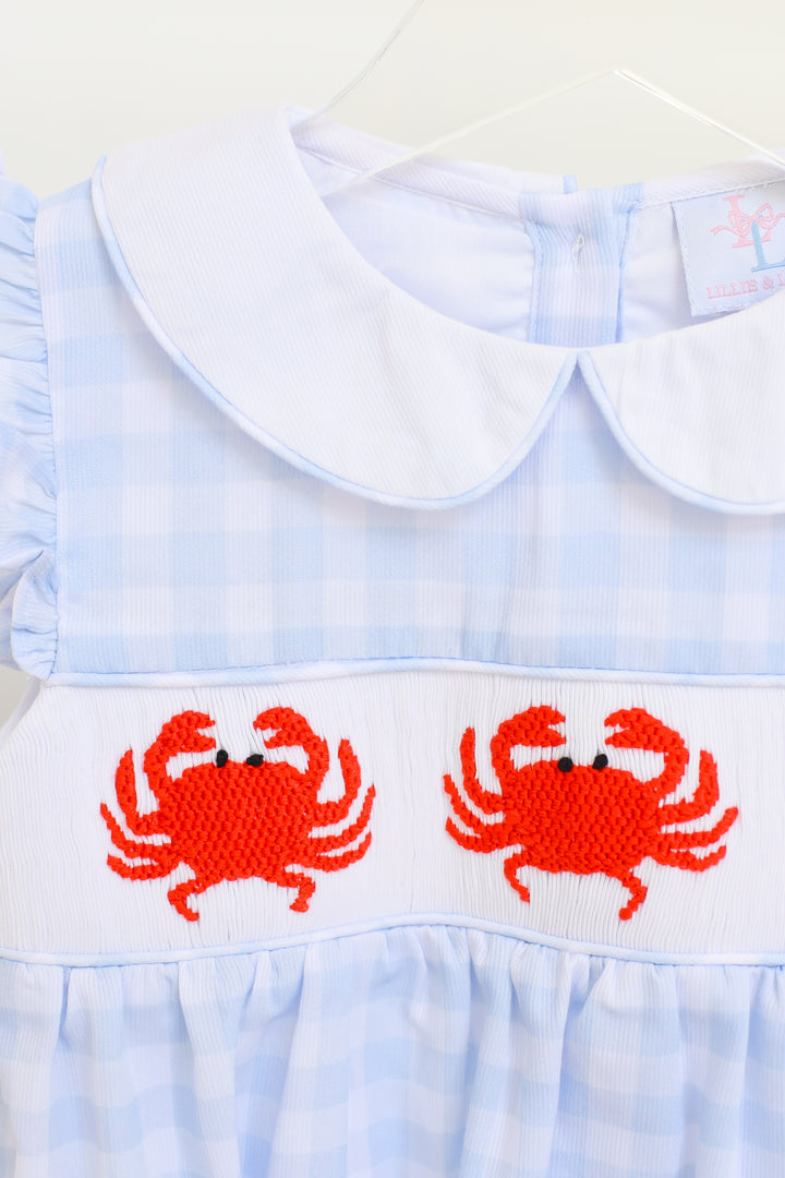Blue Gingham Crab Smocked Bubble