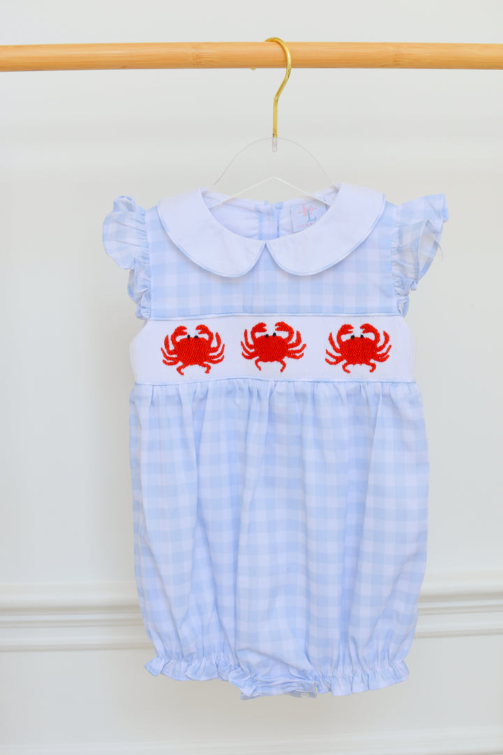 Blue Gingham Crab Smocked Bubble