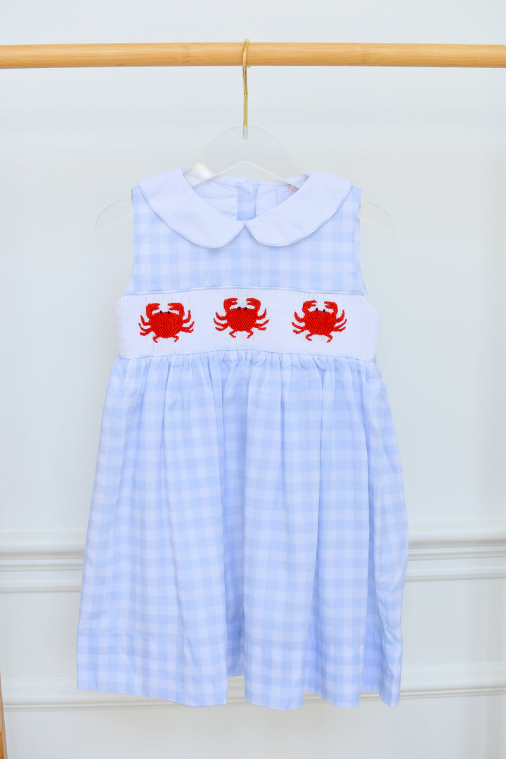 Blue Gingham Crab Smocked Dress