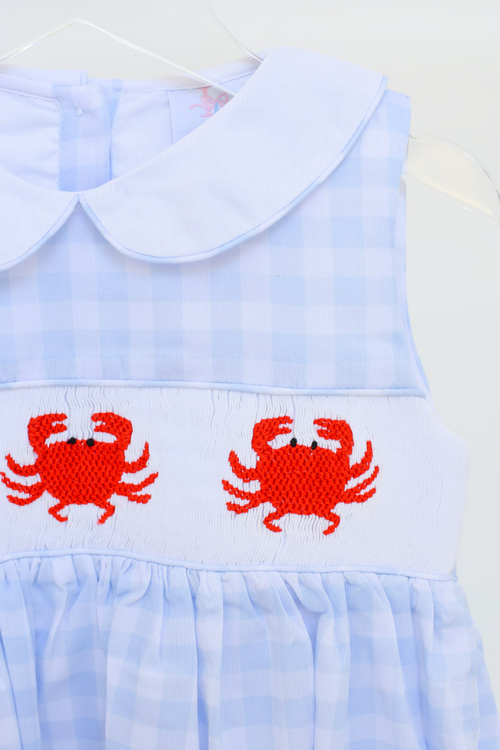 Blue Gingham Crab Smocked Dress