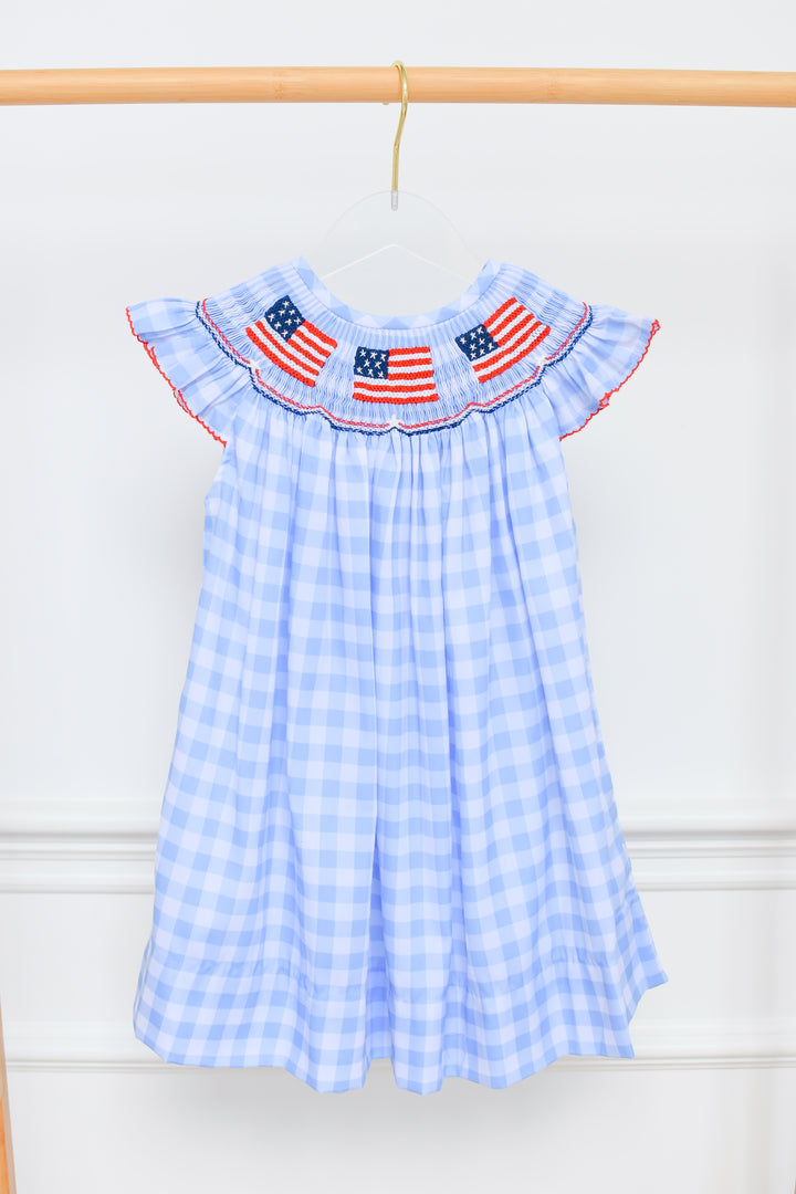 Patriotic Blue Gingham American Flag Smocked Dress
